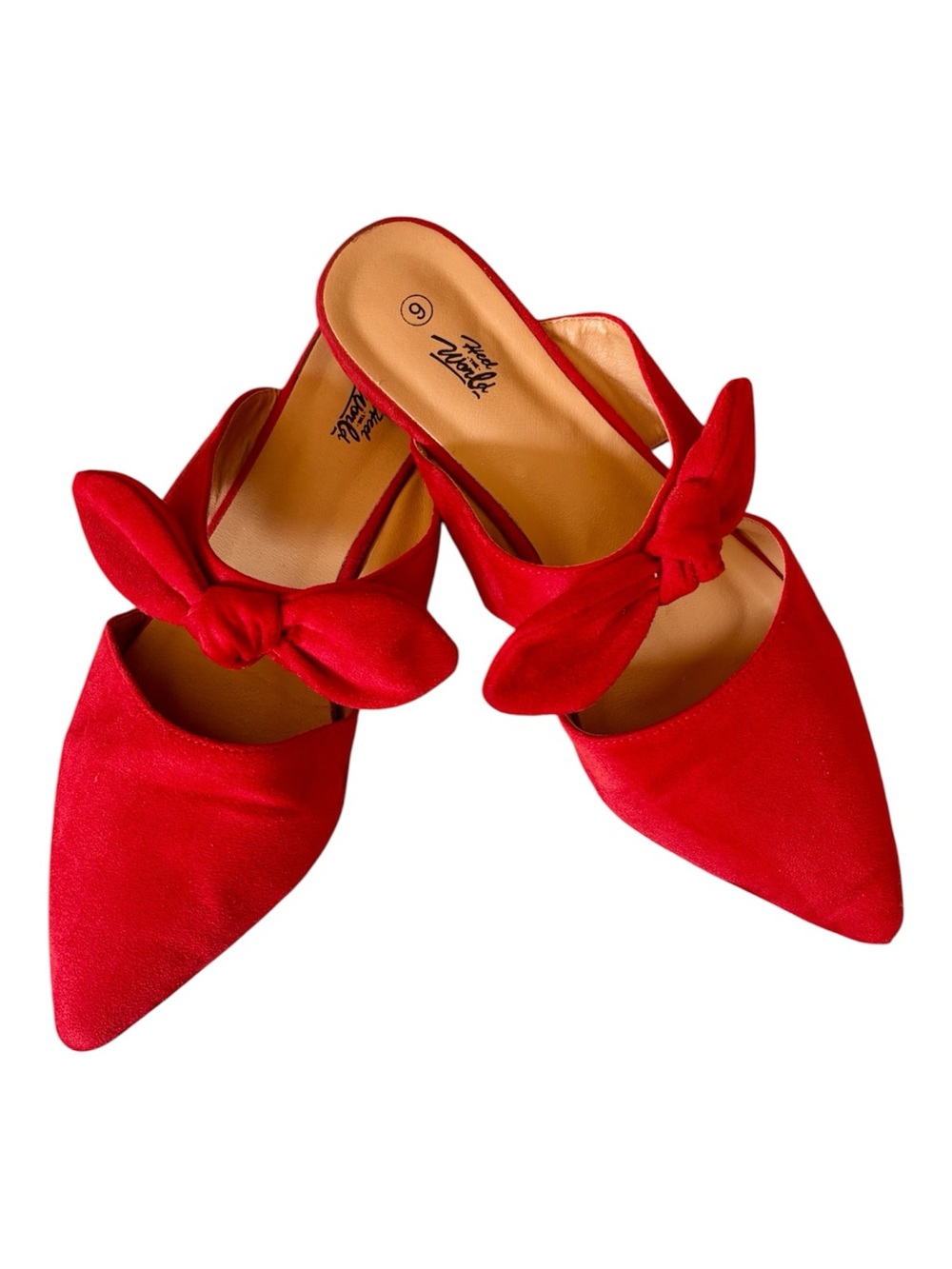 Heel The World Faux Suede Pointed Red Bow Slip-On Flats, 9, Excellent Condition